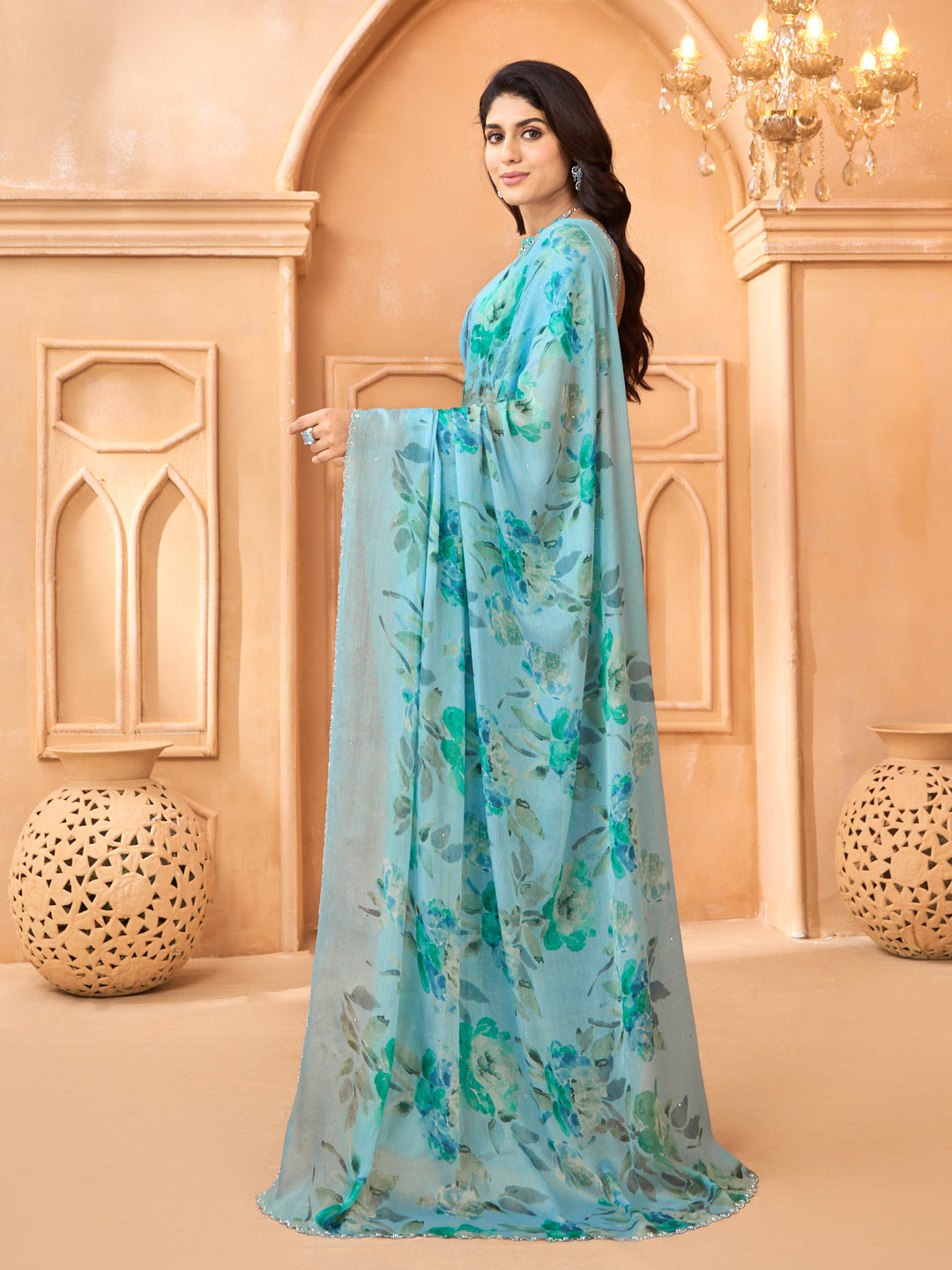 Laxmipati Tohfa Floral Printed Silk Saree in Blue Color