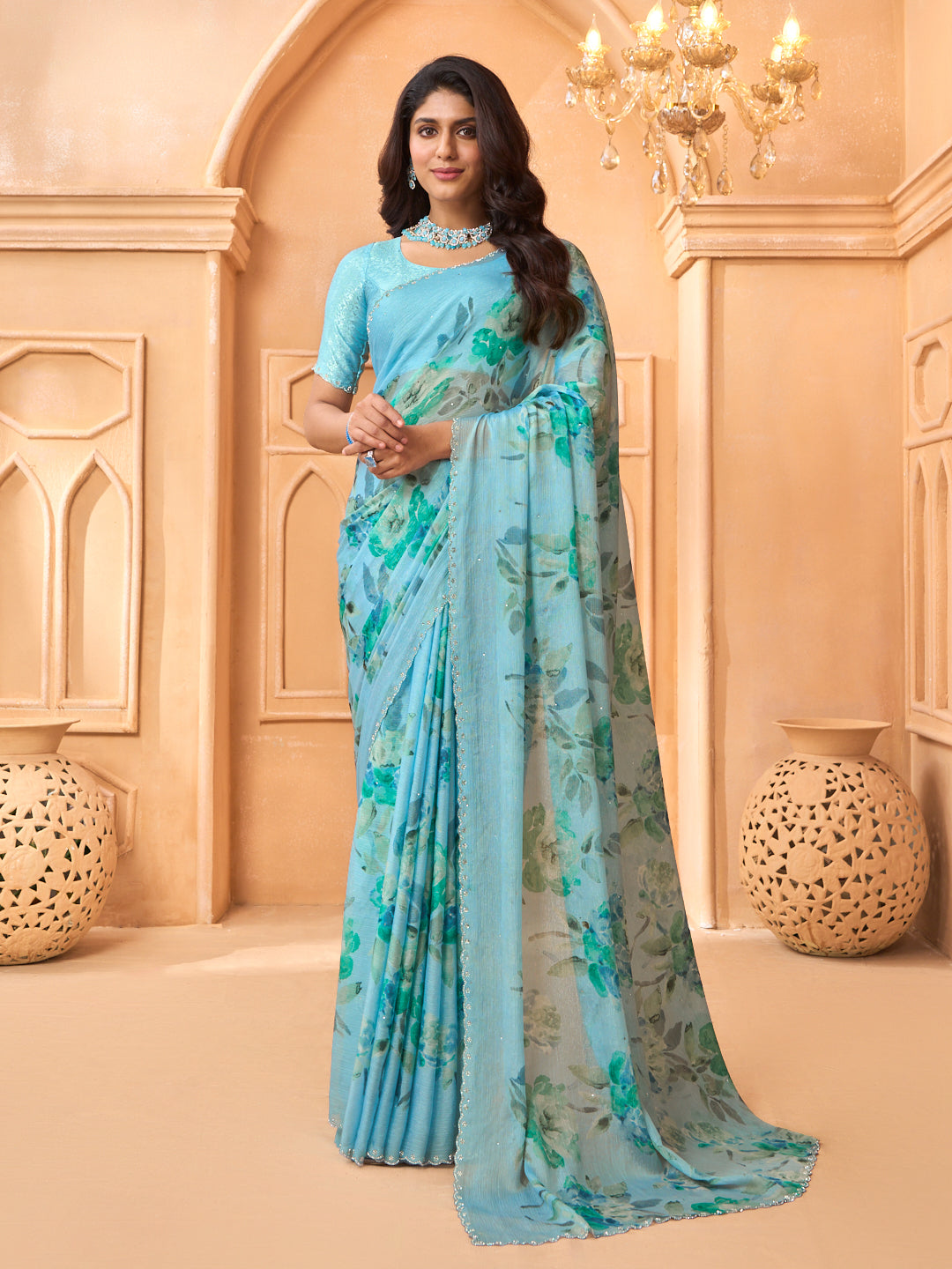 Laxmipati Tohfa Floral Printed Silk Saree in Blue Color
