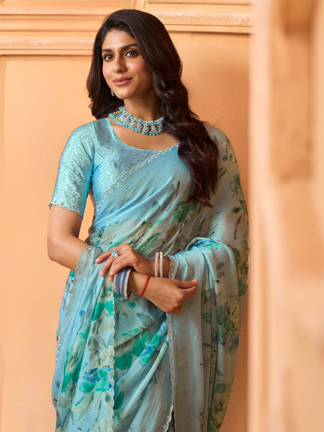 Laxmipati Tohfa Floral Printed Silk Saree in Blue Color