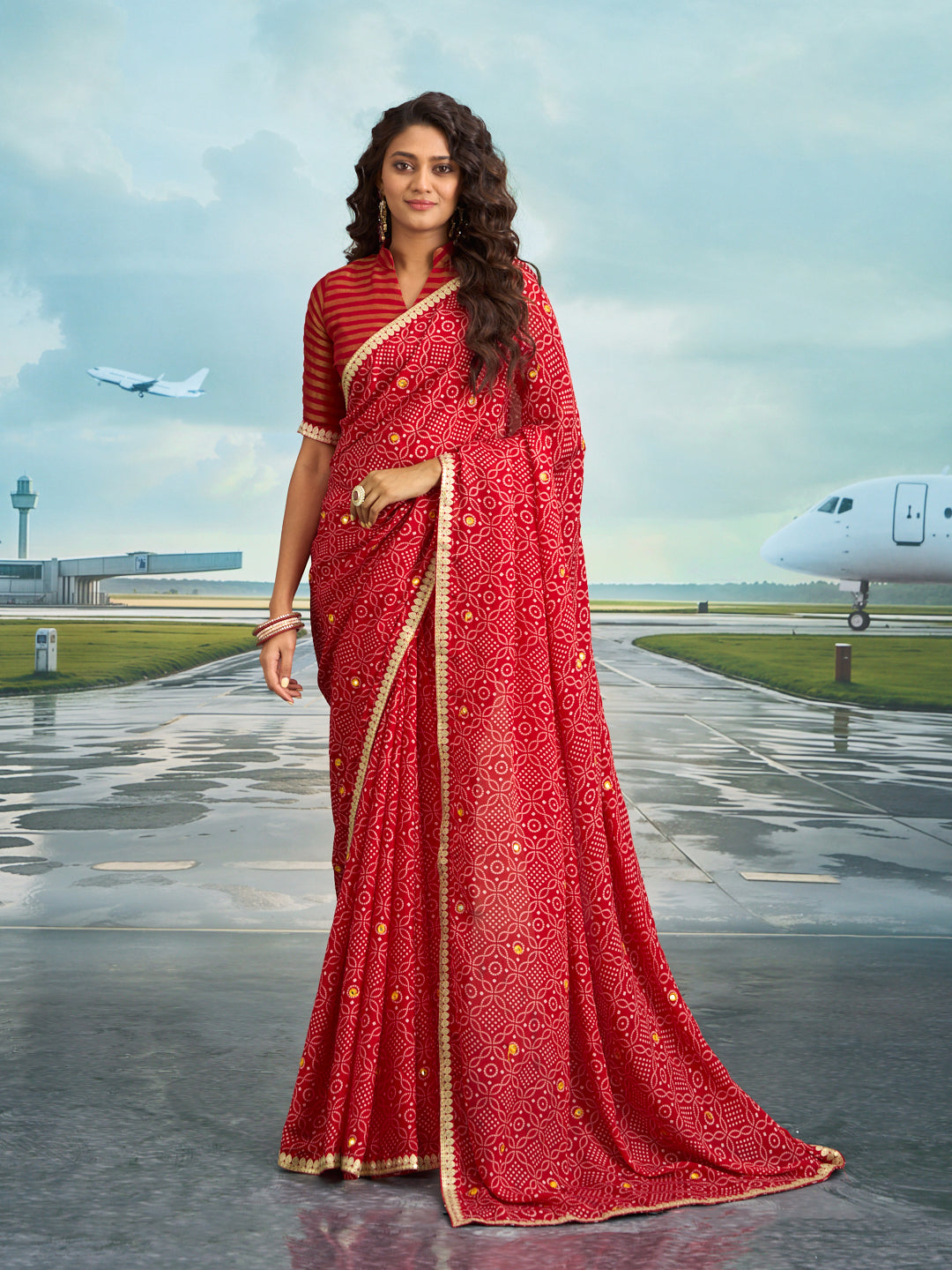 Laxmipati Raadhika Red Bandhani Print Chiffon Saree