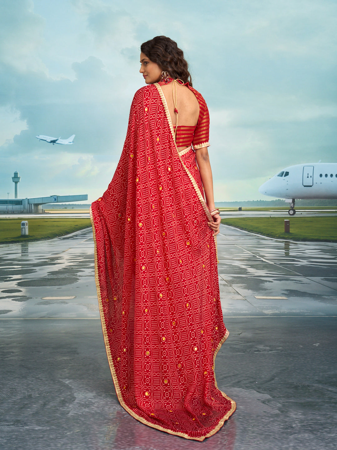 Laxmipati Raadhika Red Bandhani Print Chiffon Saree