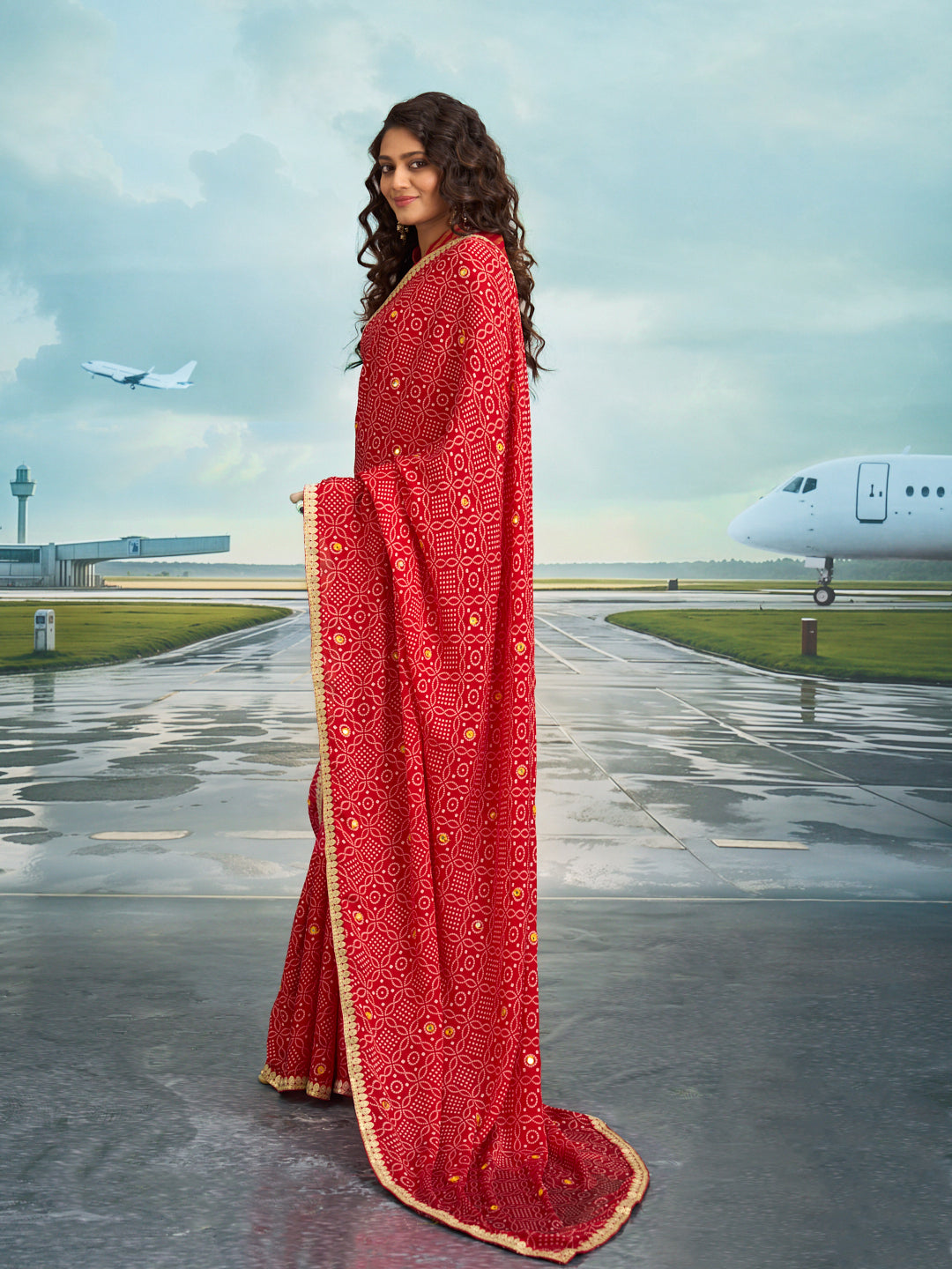 Laxmipati Raadhika Red Bandhani Print Chiffon Saree