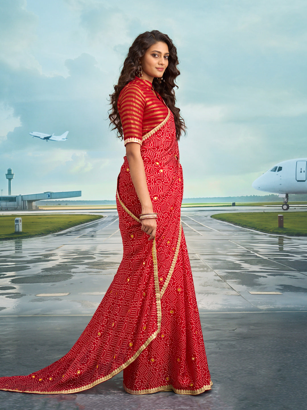 Laxmipati Raadhika Red Bandhani Print Chiffon Saree