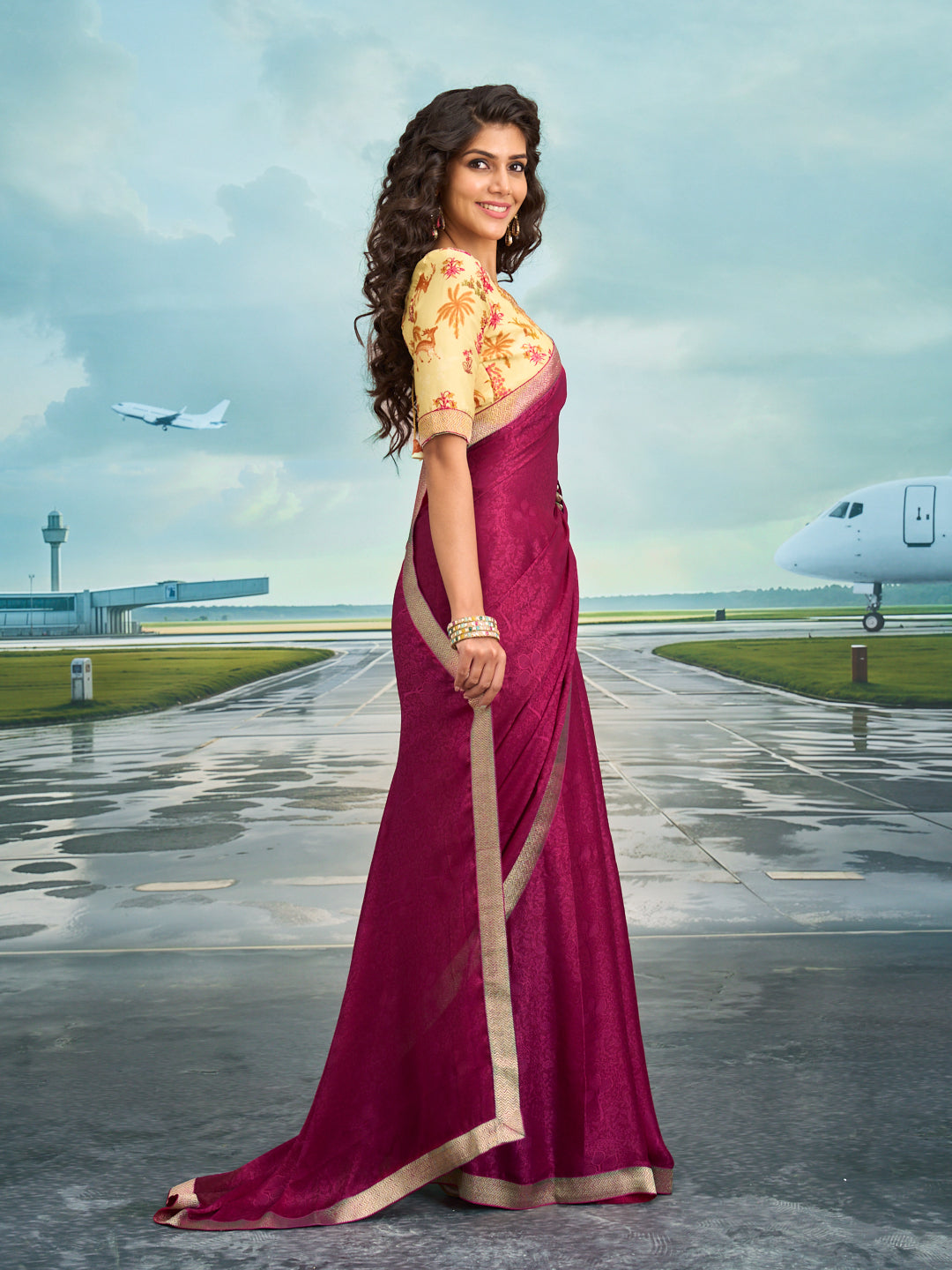 Laxmipati Raadhika Magenta Floral Print Silk Saree