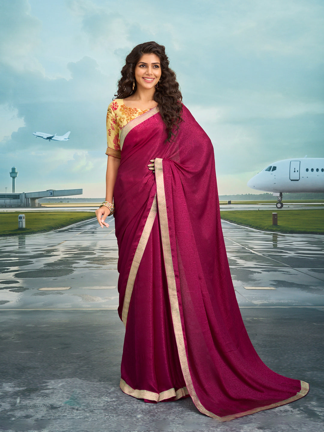 Laxmipati Raadhika Magenta Floral Print Silk Saree