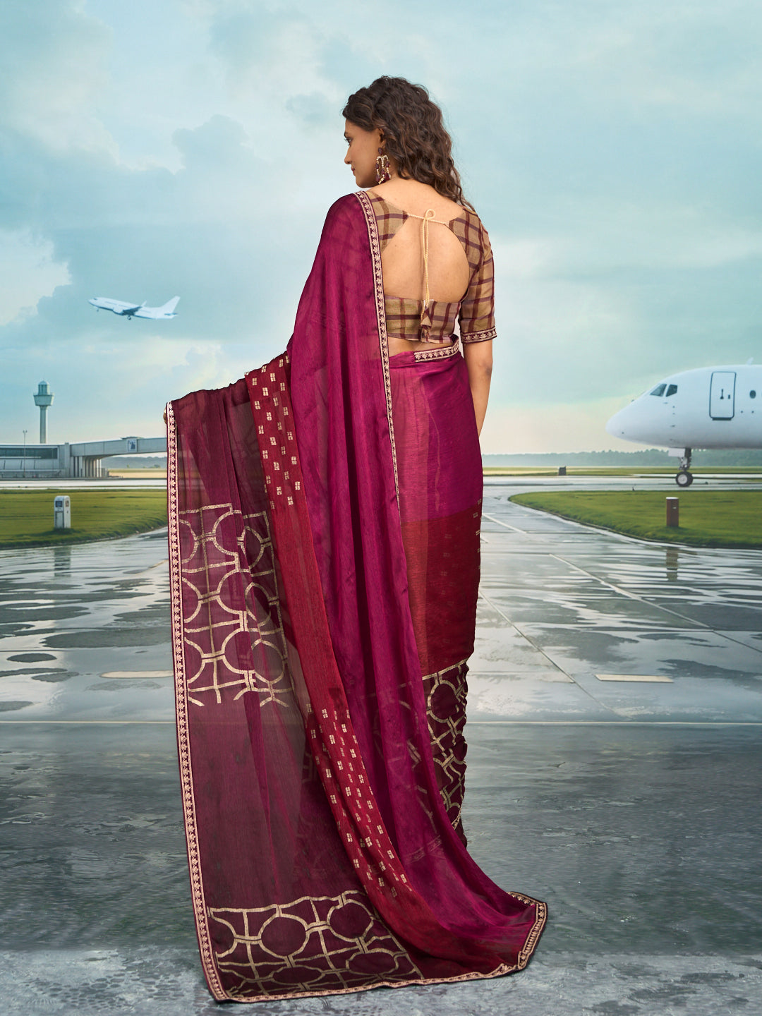 Laxmipati Raadhika Wine Geometric Print Chiffon Saree