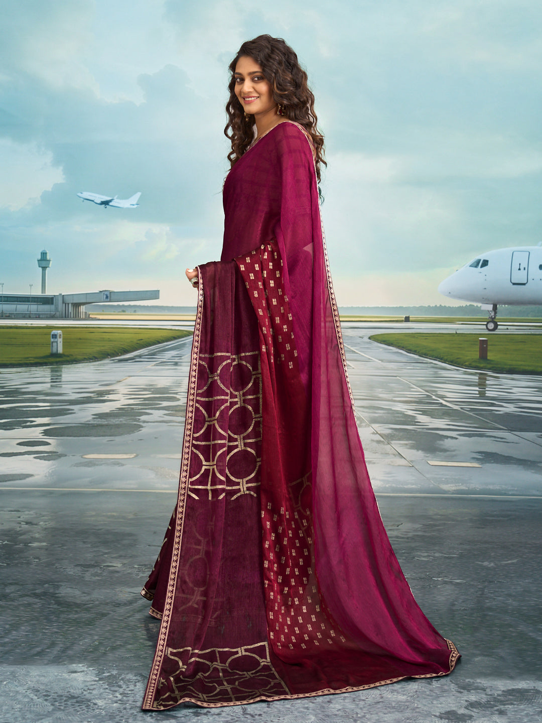 Laxmipati Raadhika Wine Geometric Print Chiffon Saree