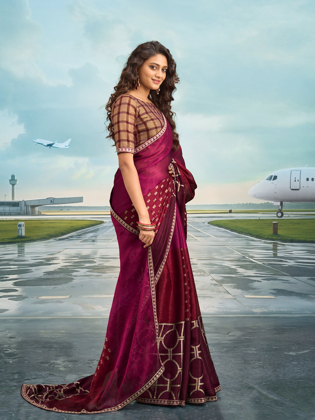 Laxmipati Raadhika Wine Geometric Print Chiffon Saree