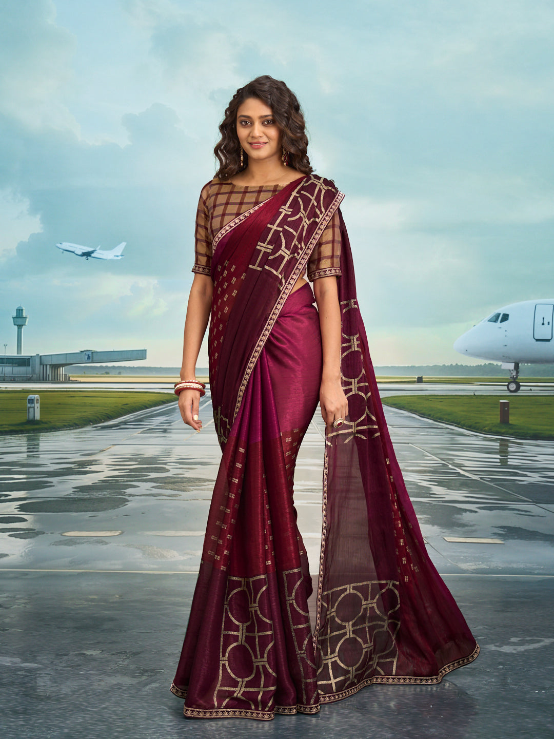 Laxmipati Raadhika Wine Geometric Print Chiffon Saree