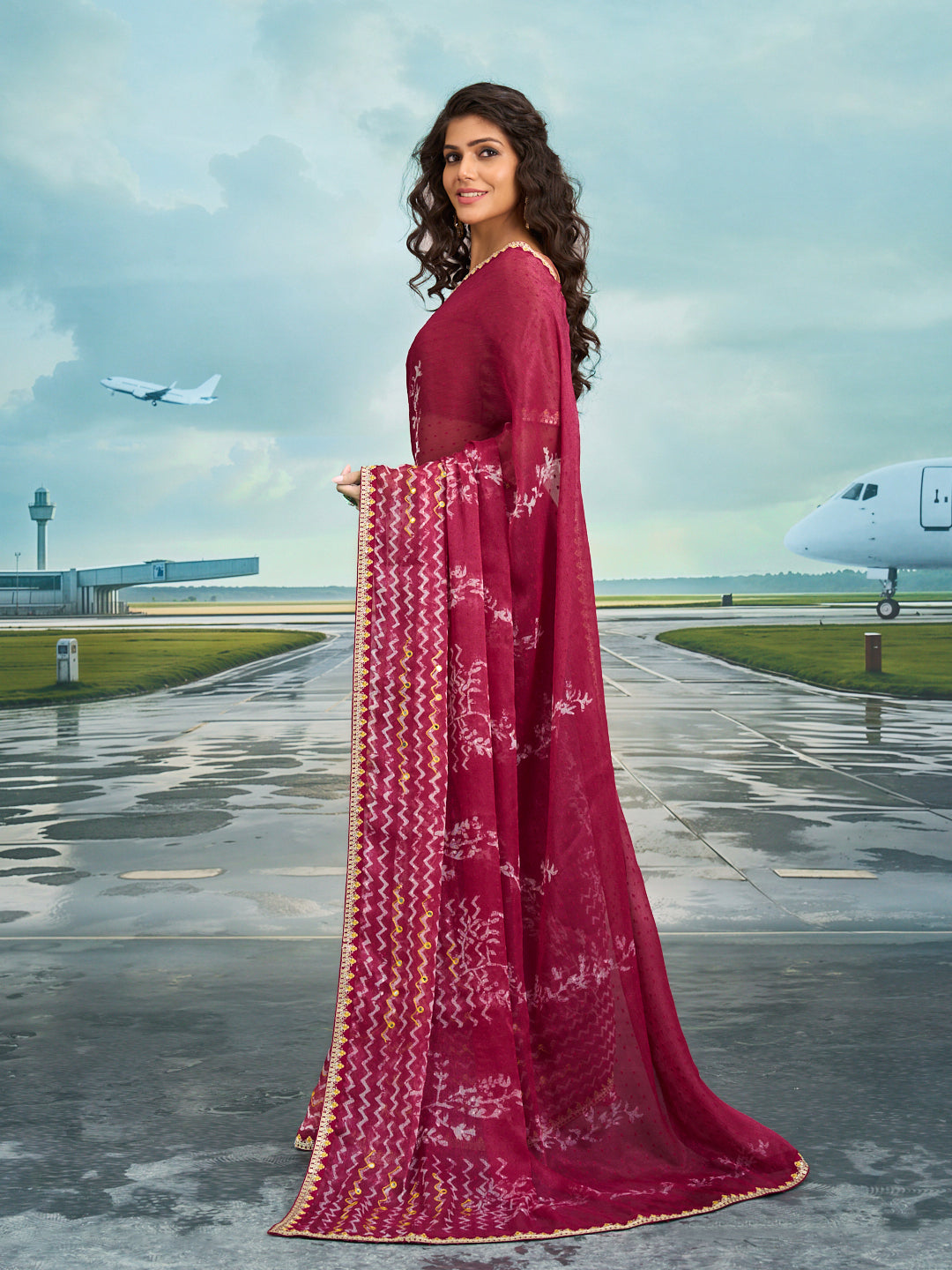 Laxmipati Raadhika Wine Chevron Print Chiffon Saree