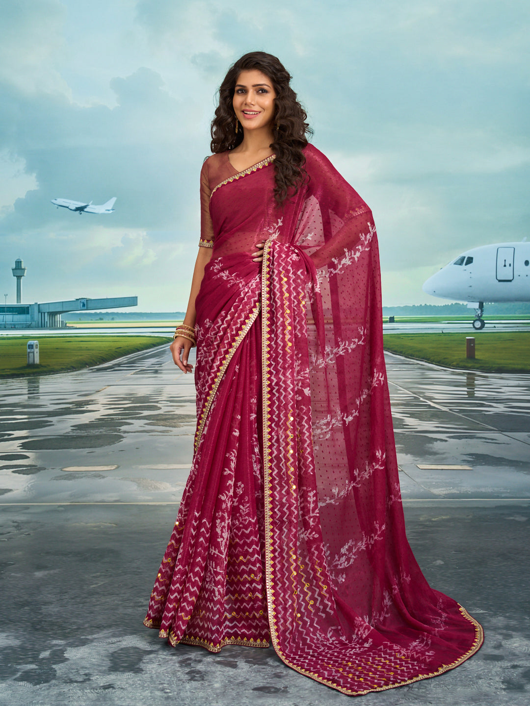 Laxmipati Raadhika Wine Chevron Print Chiffon Saree