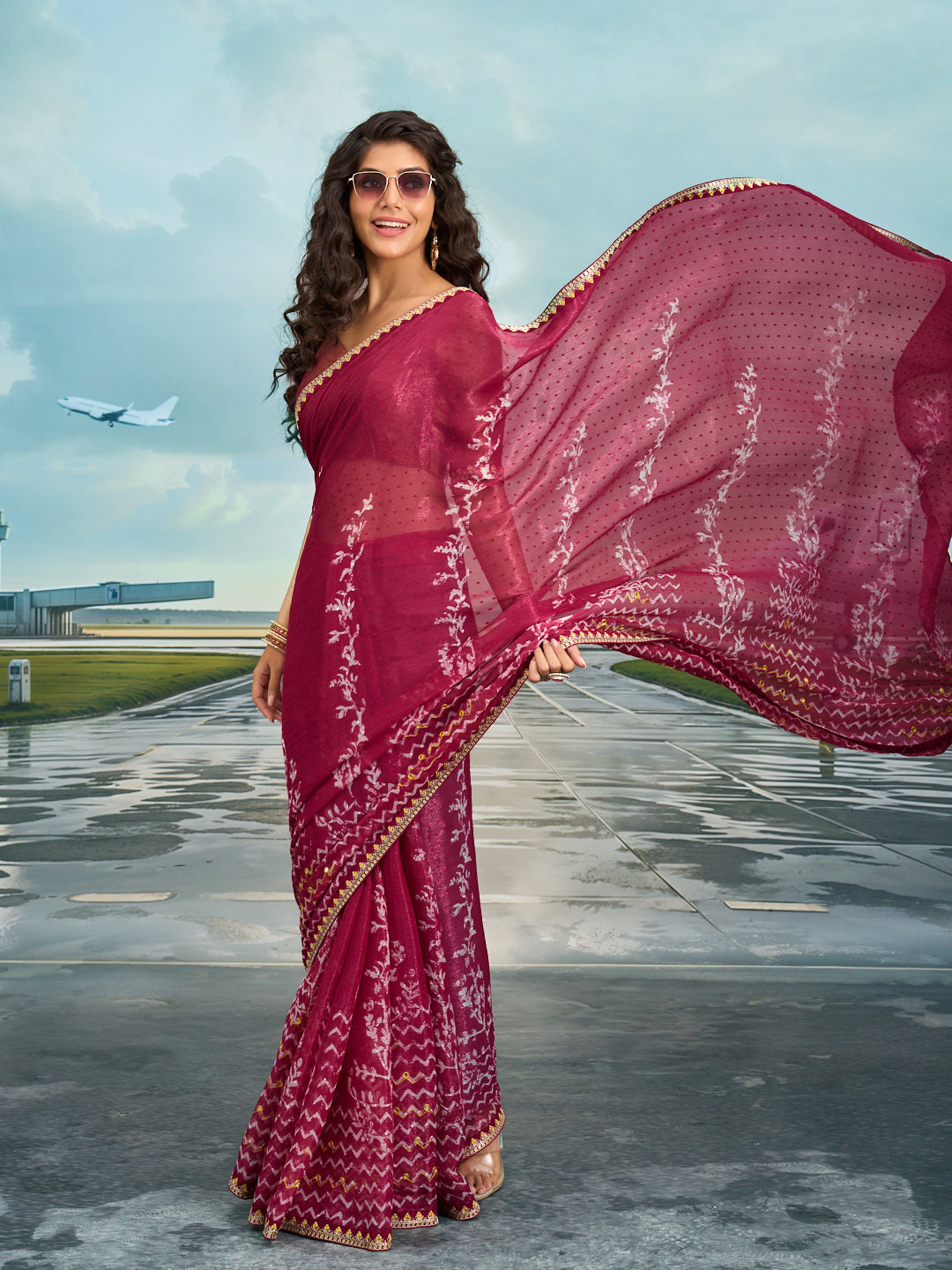 Laxmipati Raadhika Wine Chevron Print Chiffon Saree