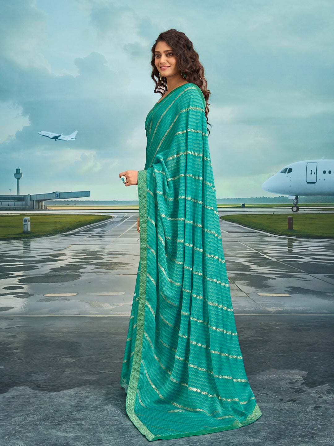Laxmipati Raadhika Turquoise Blue Chevron Print Silk Saree