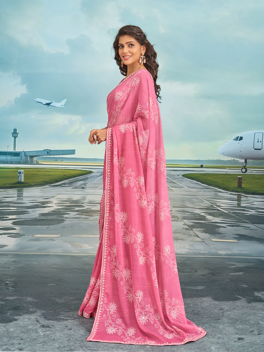 Laxmipati Raadhika Purple Floral Print Chiffon Saree