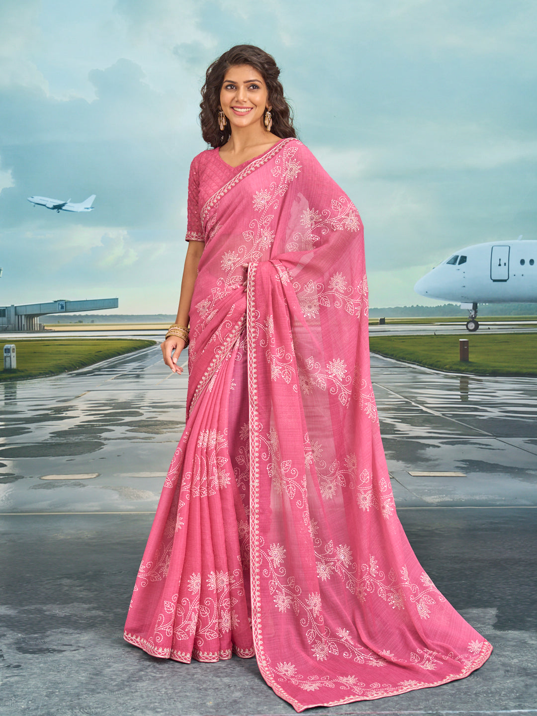 Laxmipati Raadhika Purple Floral Print Chiffon Saree