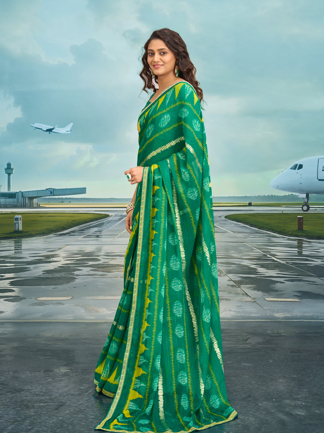Laxmipati Raadhika Green Chevron Print Chiffon Saree