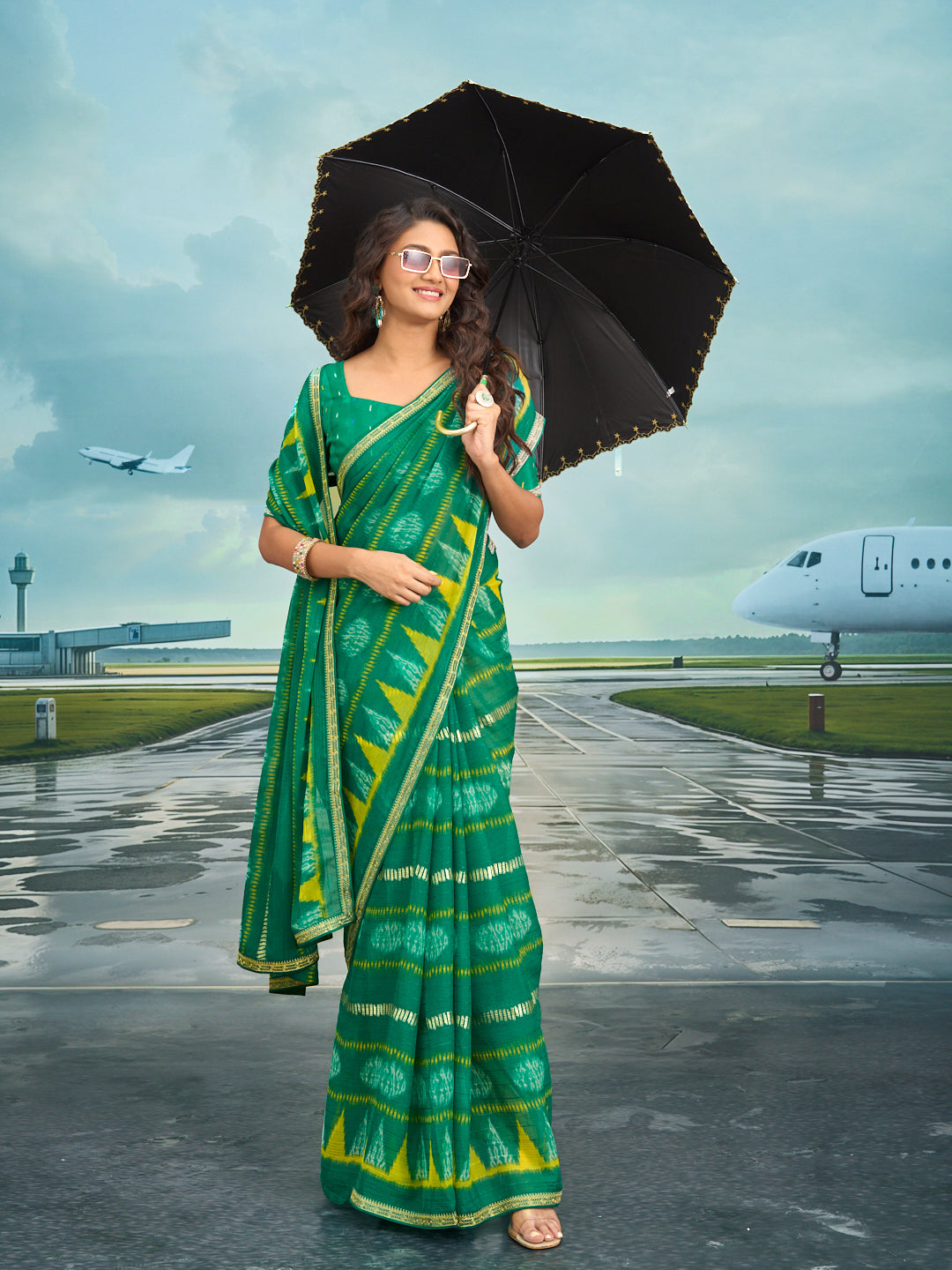 Laxmipati Raadhika Green Chevron Print Chiffon Saree