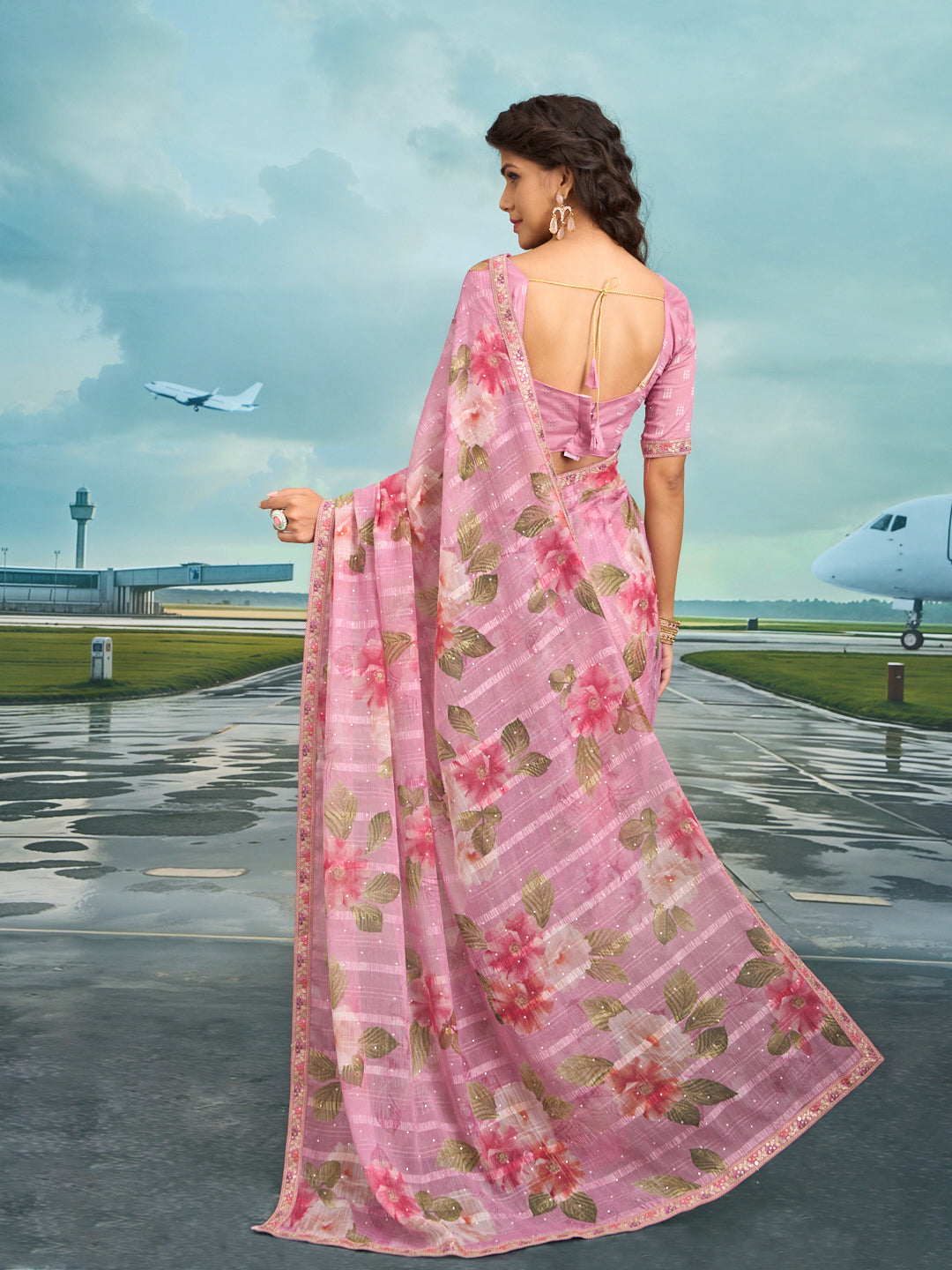 Laxmipati Raadhika Lavender Floral Print Chiffon Saree
