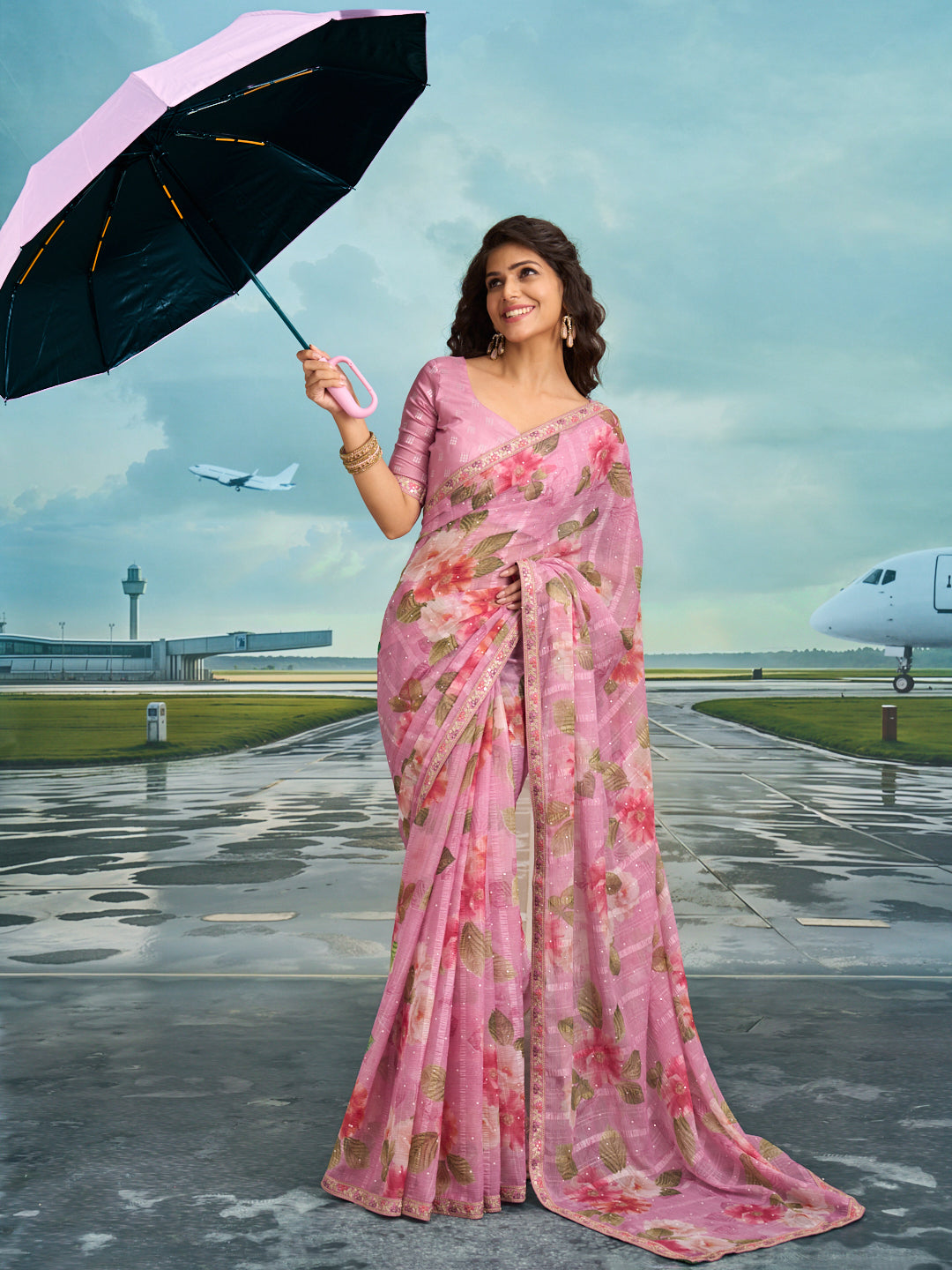 Laxmipati Raadhika Lavender Floral Print Chiffon Saree