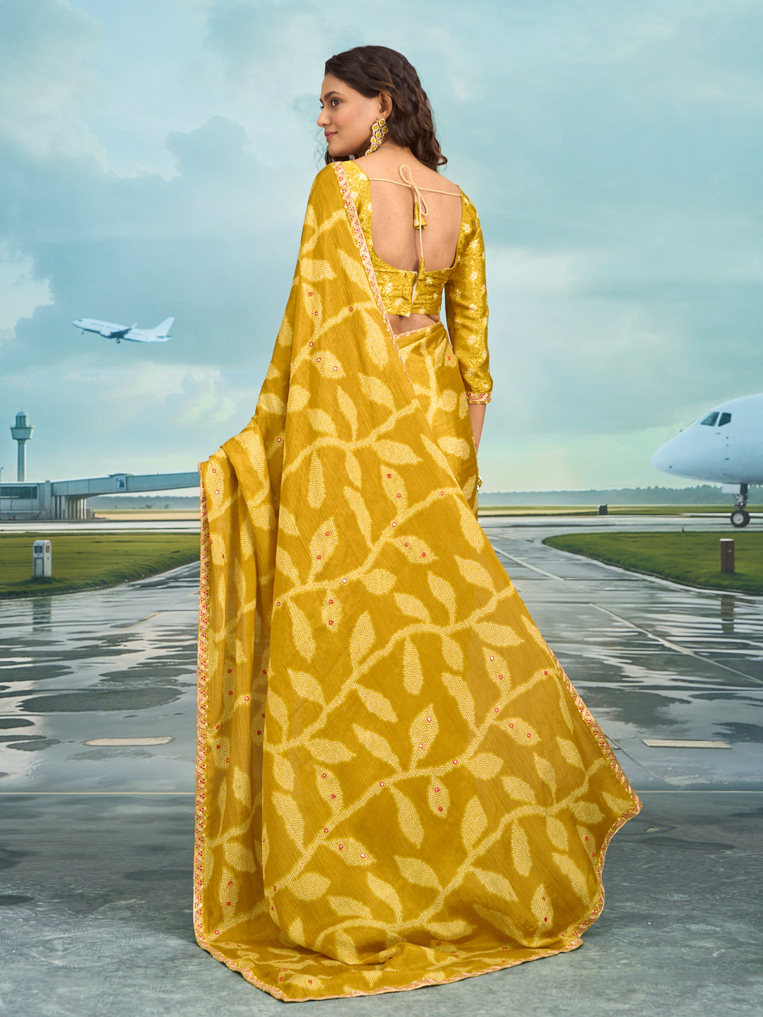 Laxmipati Raadhika Mustard Floral Print Silk Saree