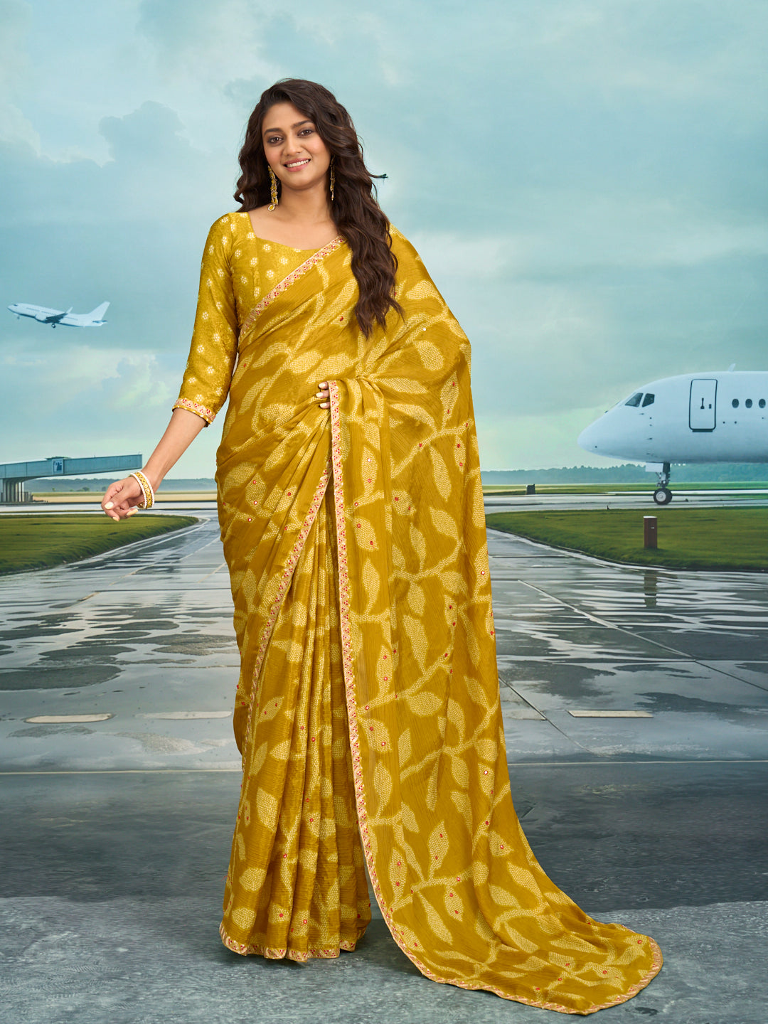 Laxmipati Raadhika Mustard Floral Print Silk Saree