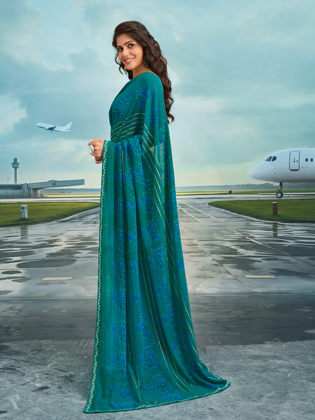 Laxmipati Raadhika Teal Blue Floral Print Georgette Saree