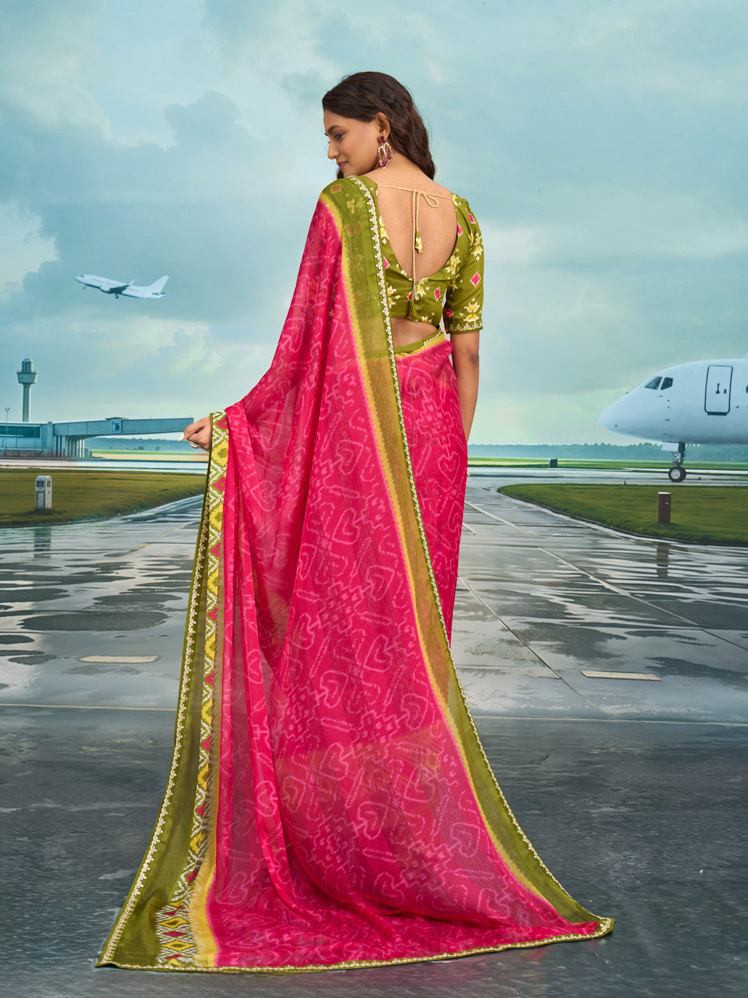 Laxmipati Raadhika Pink Ikat Print Chiffon Saree