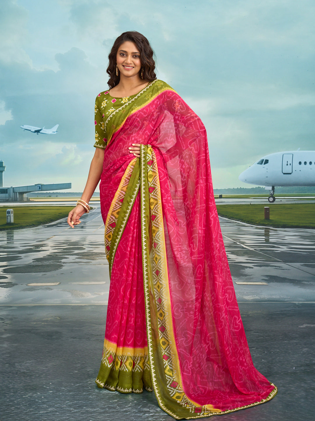 Laxmipati Raadhika Pink Ikat Print Chiffon Saree