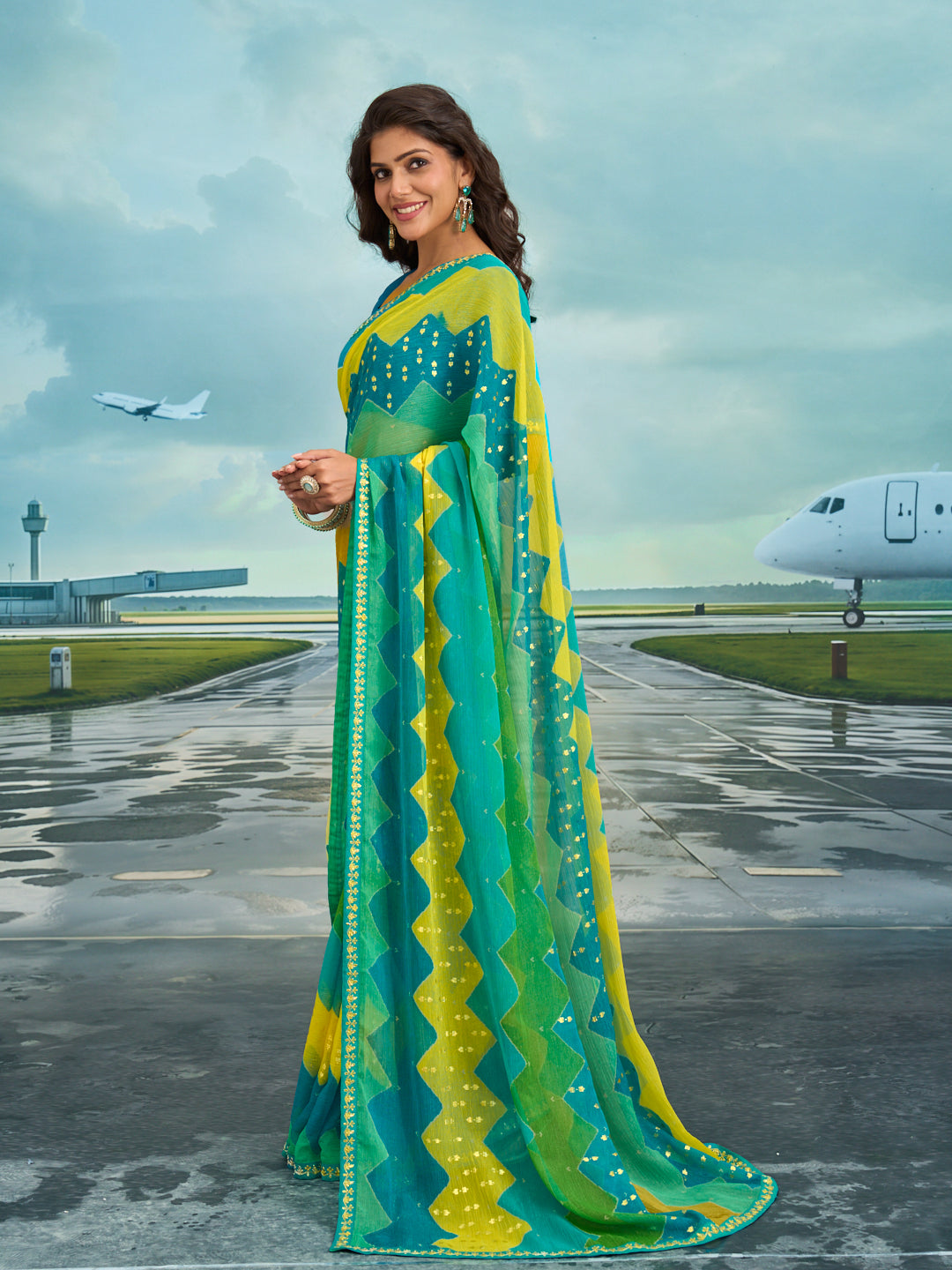 Laxmipati Raadhika Multicolor Chevron Print Chiffon Saree