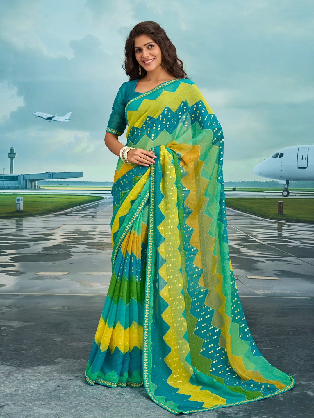 Laxmipati Raadhika Multicolor Chevron Print Chiffon Saree