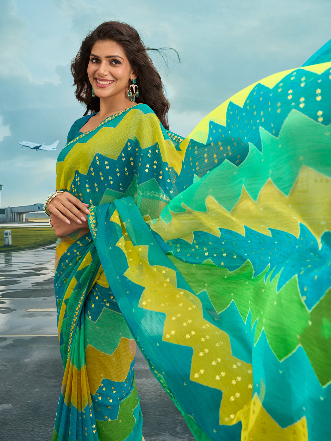 Laxmipati Raadhika Multicolor Chevron Print Chiffon Saree