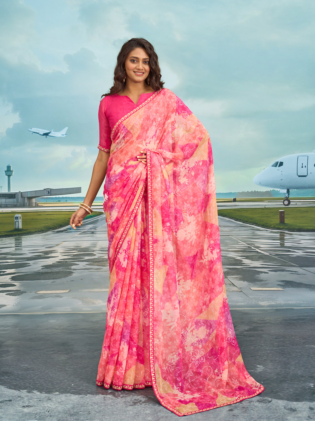 Laxmipati Raadhika Pink Abstract Print Chiffon Saree