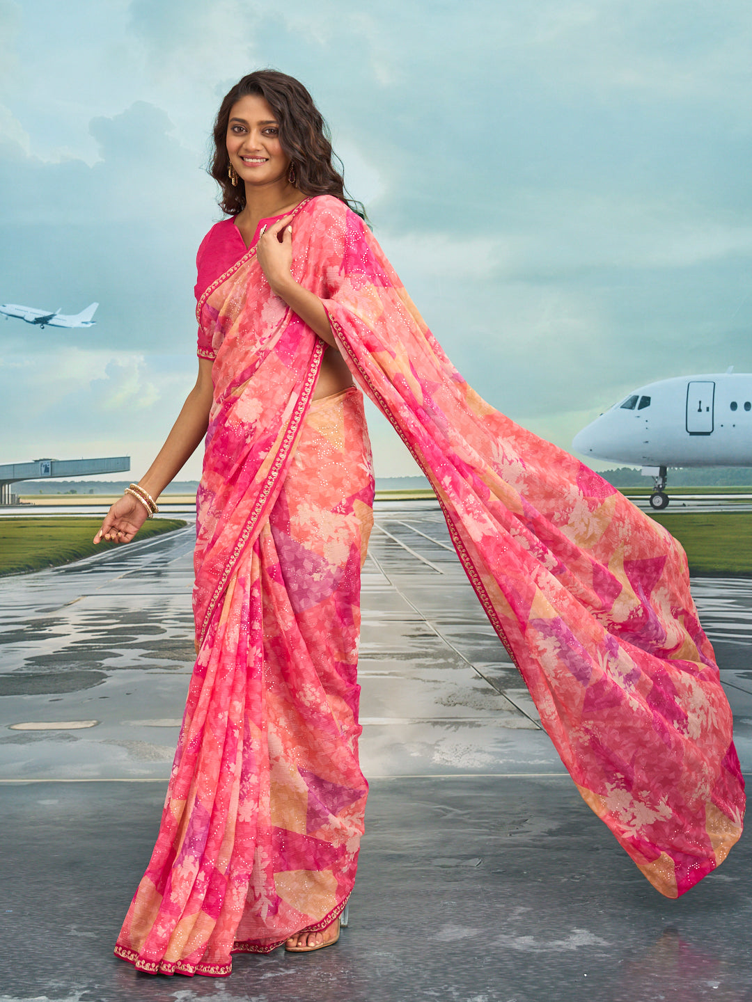 Laxmipati Raadhika Pink Abstract Print Chiffon Saree