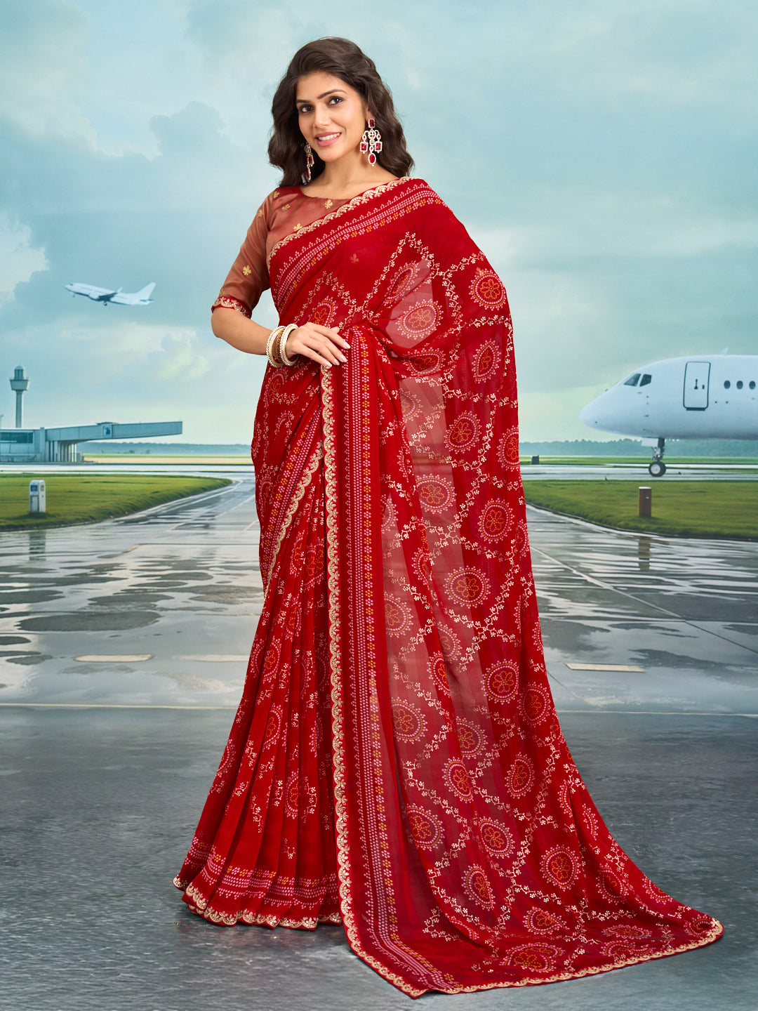 Laxmipati Raadhika Red Bandhani Print Chiffon Saree