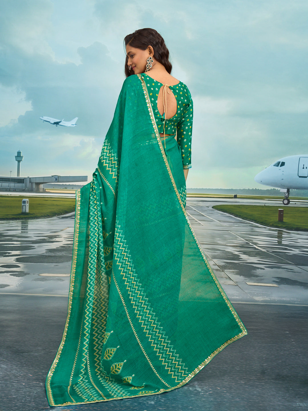 Laxmipati Raadhika Teal Green Chevron Print Chiffon Saree