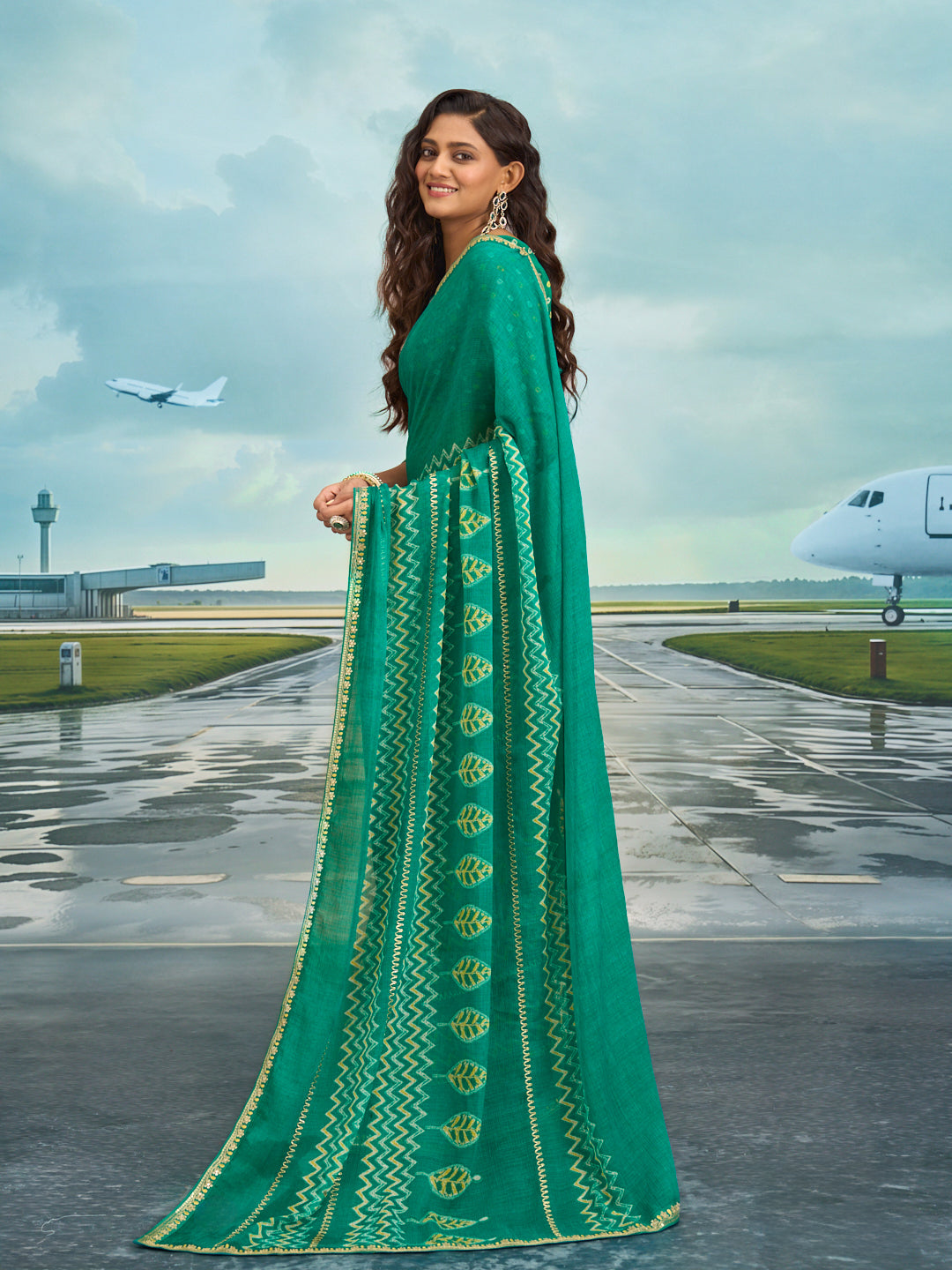 Laxmipati Raadhika Teal Green Chevron Print Chiffon Saree