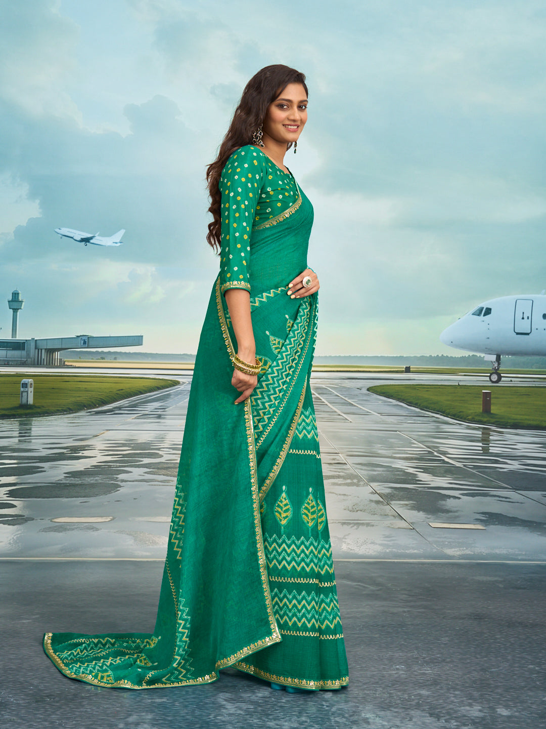 Laxmipati Raadhika Teal Green Chevron Print Chiffon Saree