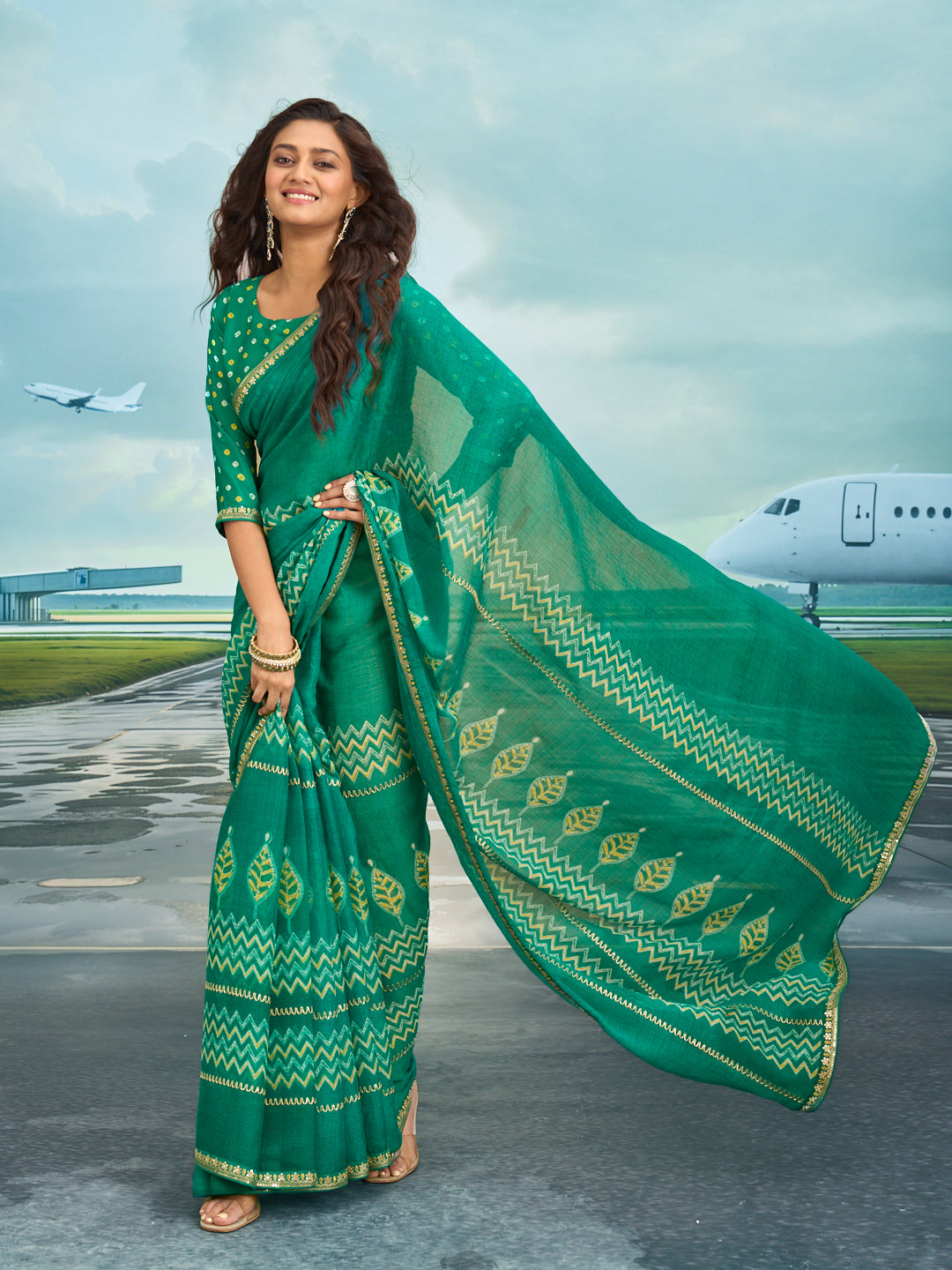 Laxmipati Raadhika Teal Green Chevron Print Chiffon Saree