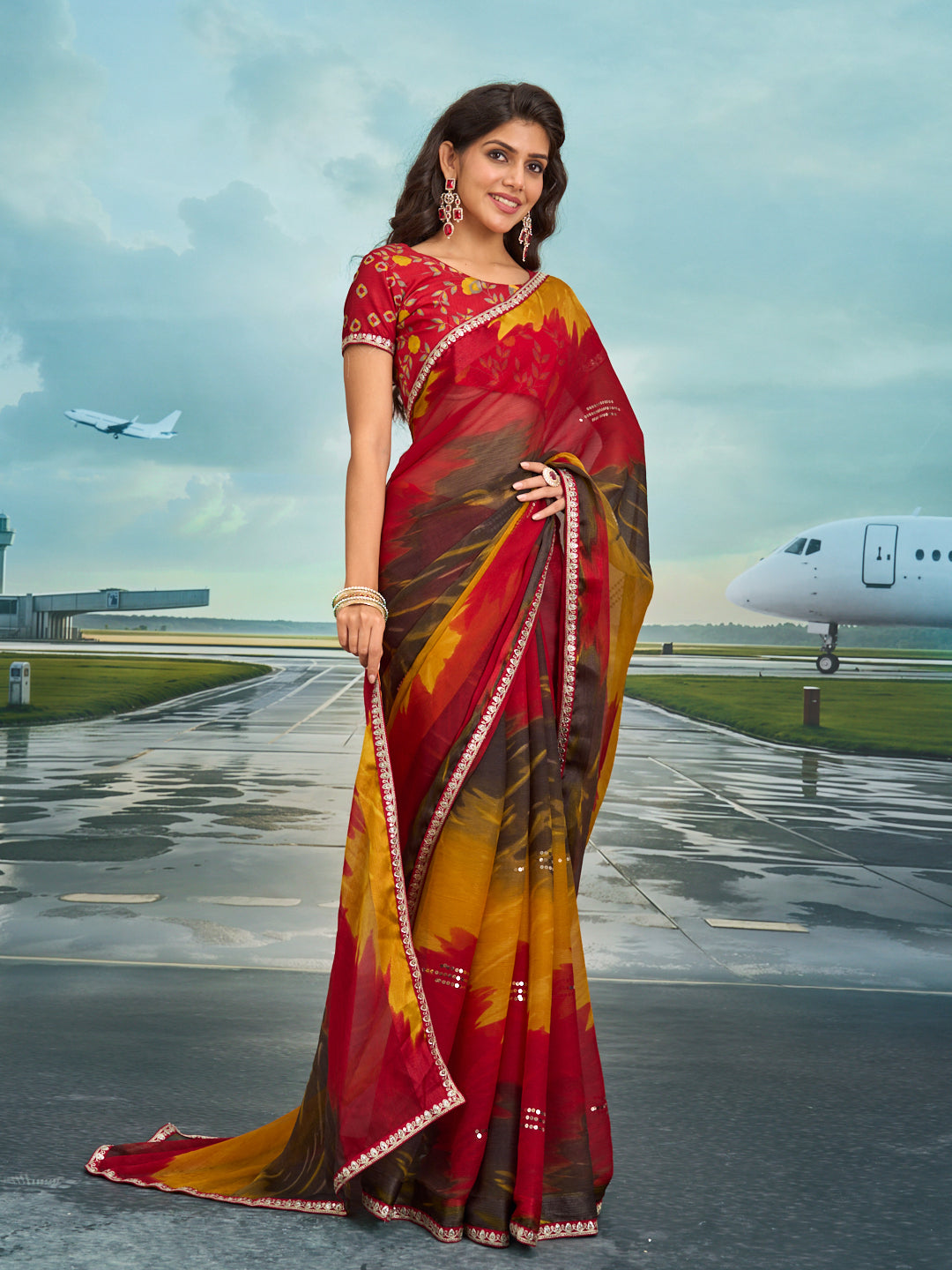 Laxmipati Raadhika Multicolor Abstract Print Chiffon Saree