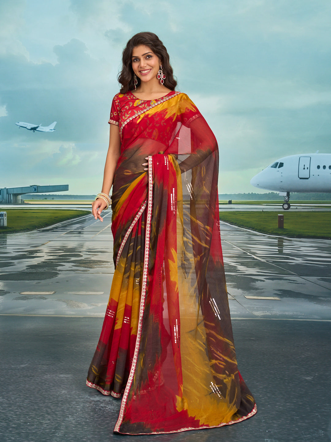 Laxmipati Raadhika Multicolor Abstract Print Chiffon Saree