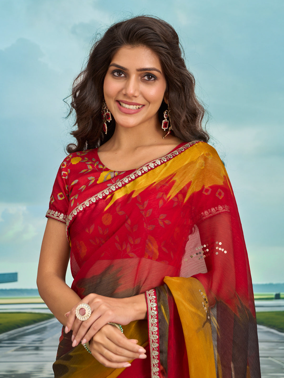 Laxmipati Raadhika Multicolor Abstract Print Chiffon Saree