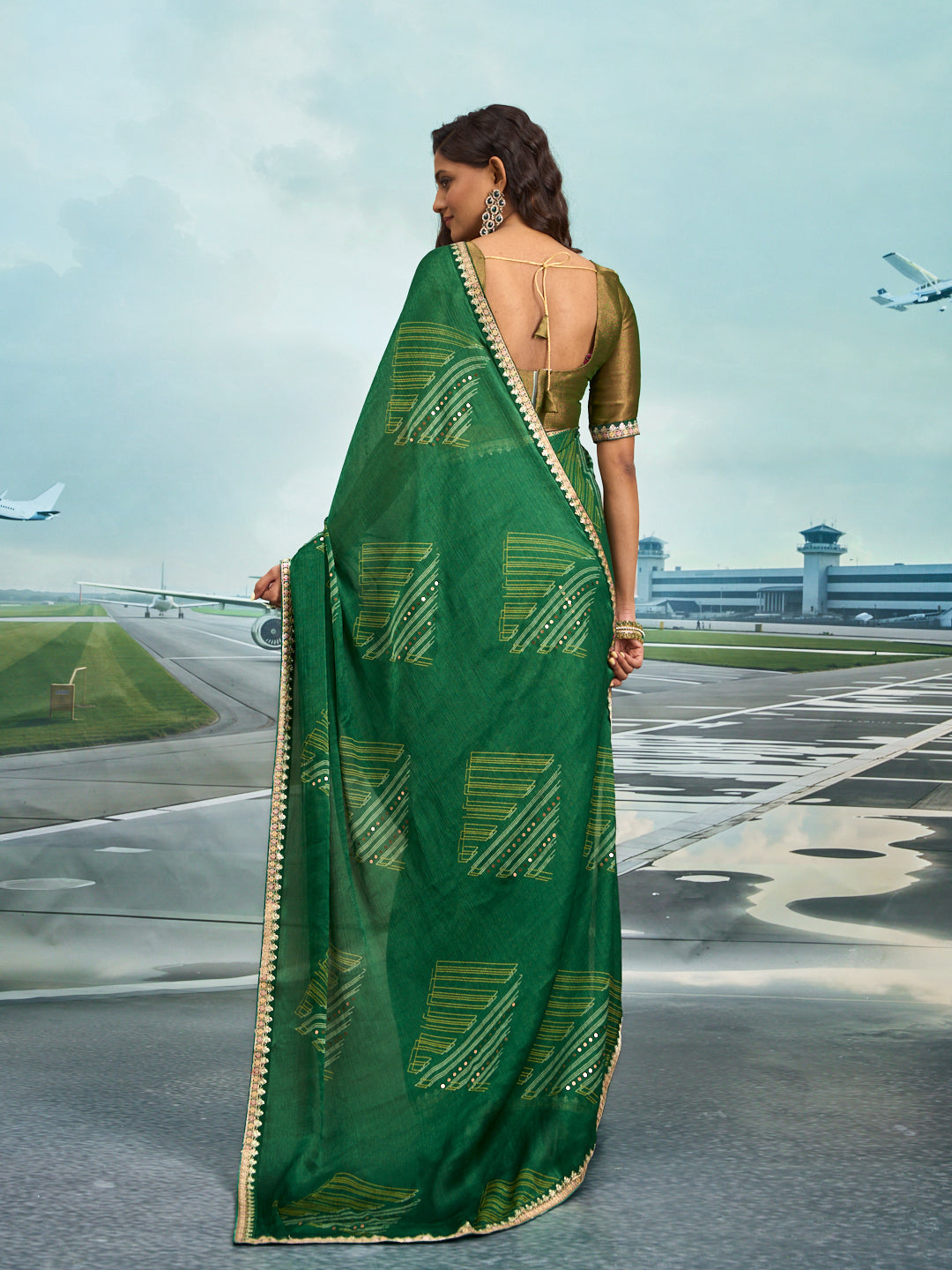 Laxmipati Raadhika Green Geometric Print Chiffon Saree