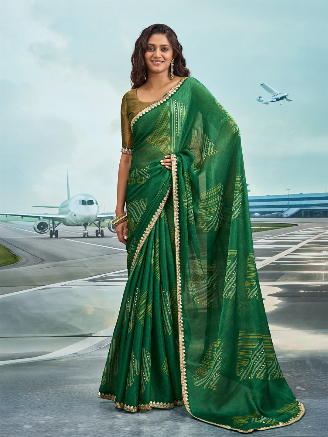 Laxmipati Raadhika Green Geometric Print Chiffon Saree