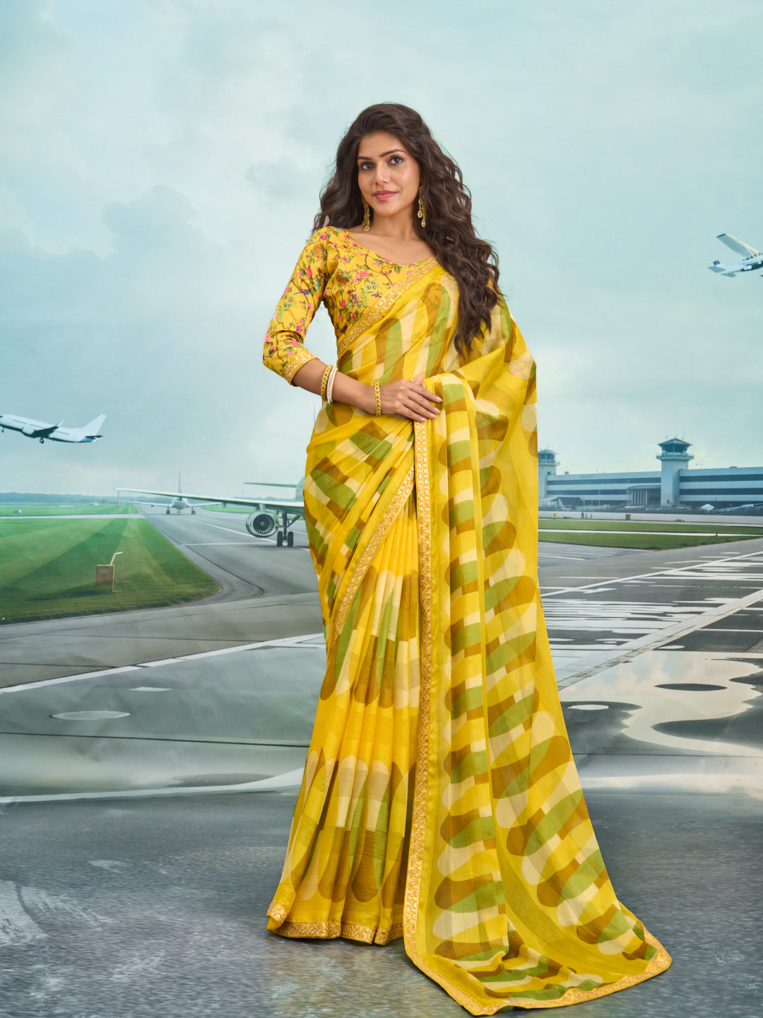 Laxmipati Raadhika Yellow Abstract Geometric Print Chiffon Saree