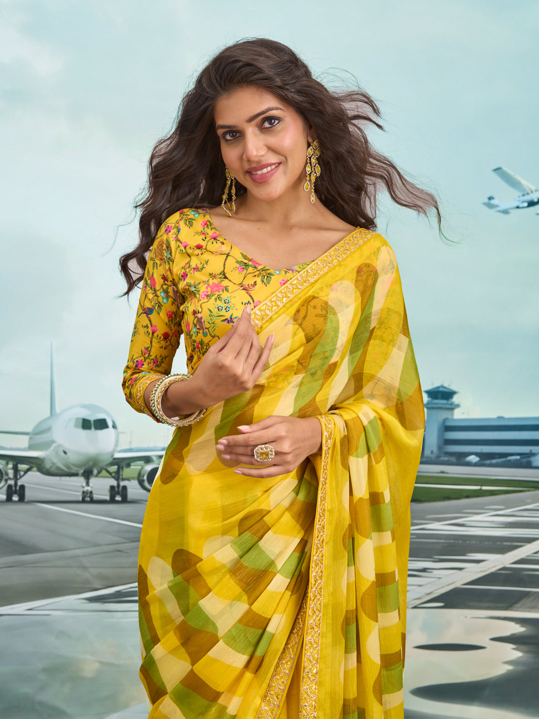 Laxmipati Raadhika Yellow Abstract Geometric Print Chiffon Saree