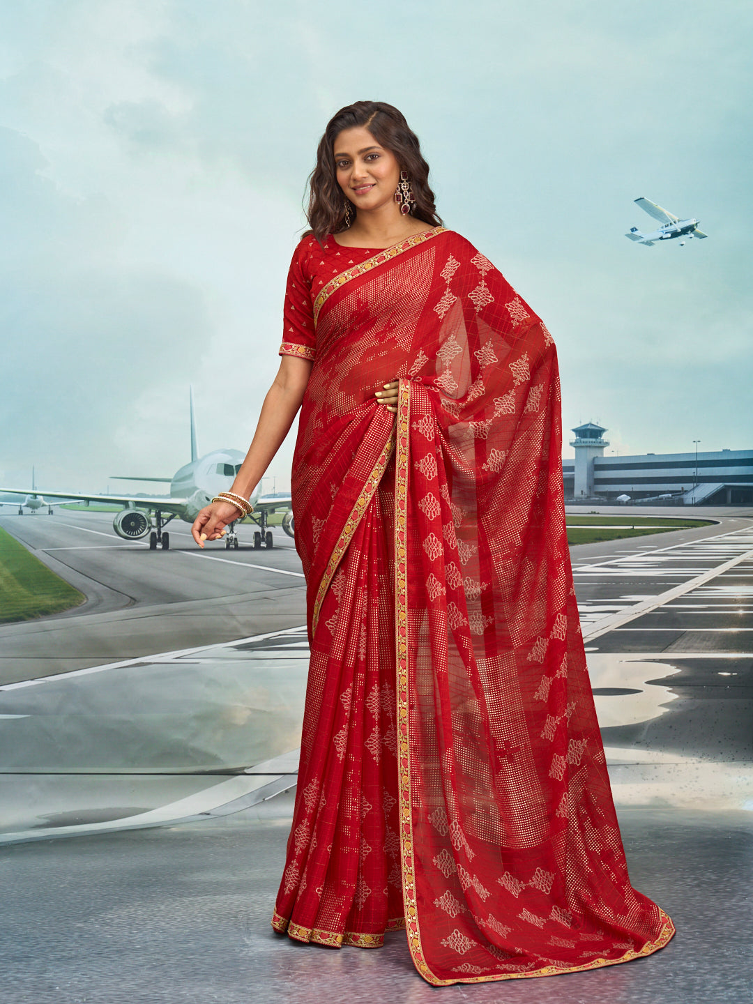 Laxmipati Raadhika Red Floral Print Silk Saree