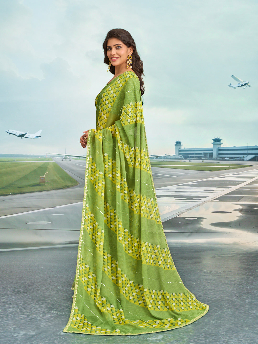 Laxmipati Raadhika Green Geometric Print Chiffon Saree