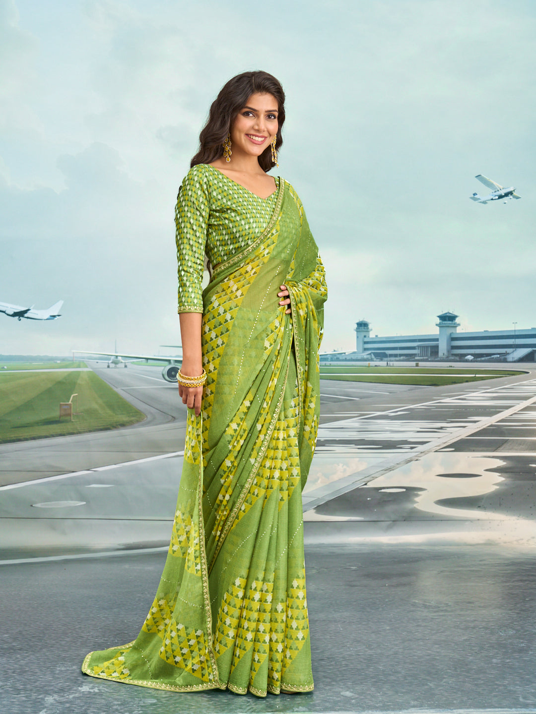 Laxmipati Raadhika Green Geometric Print Chiffon Saree