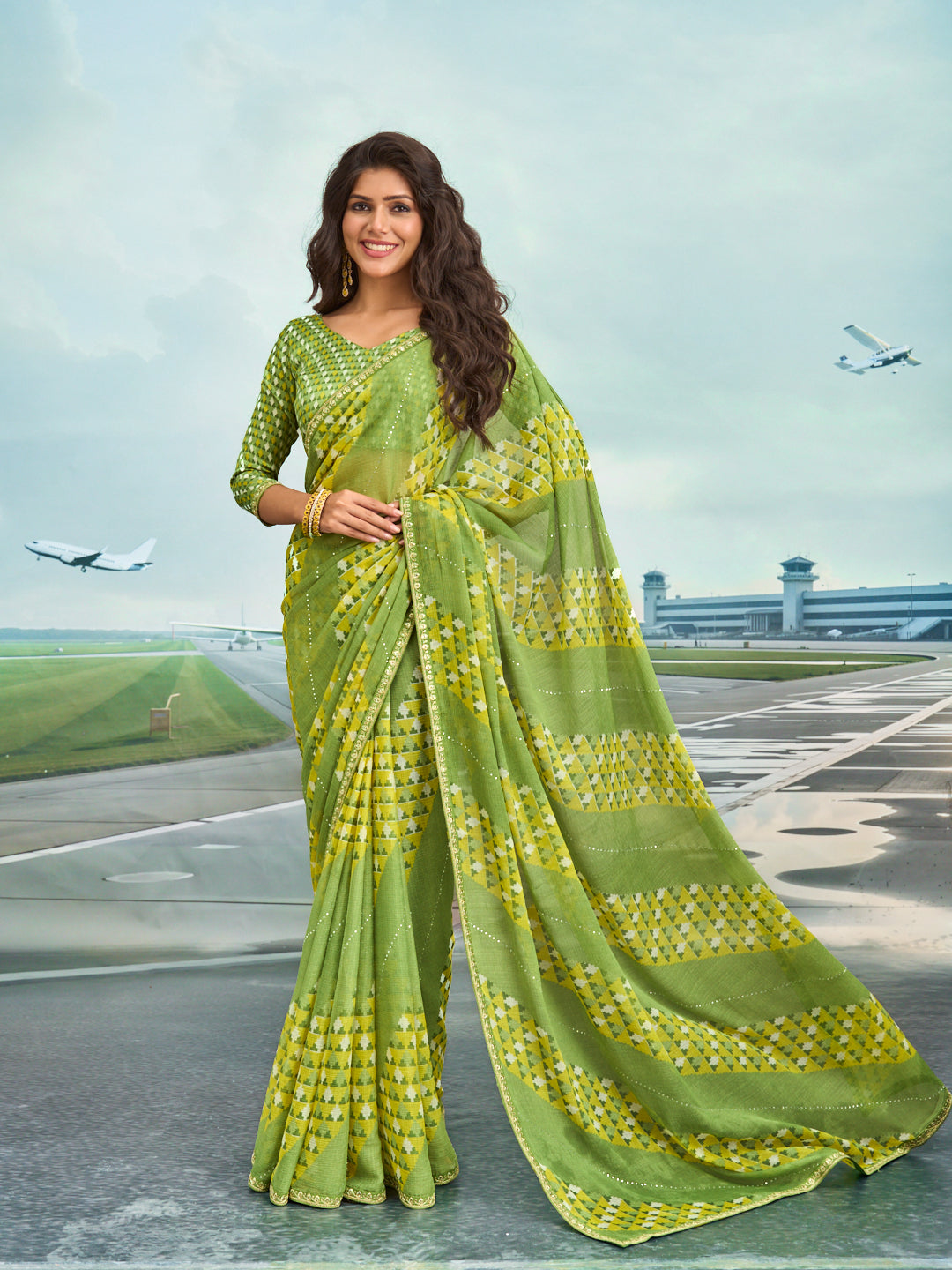 Laxmipati Raadhika Green Geometric Print Chiffon Saree