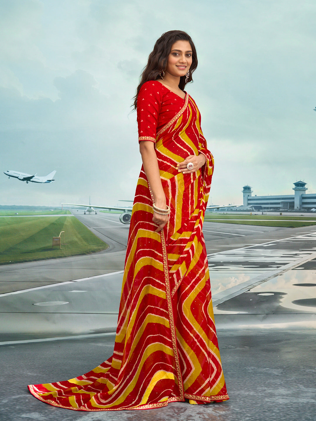 Laxmipati Raadhika Red Diagonal Wavy Striped Print Chiffon Saree